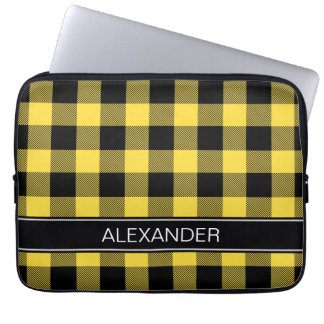 Pineapple Black Buffalo Check Plaid Name Monogram Laptop Sleeve