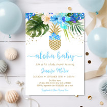 Pineapple Blue Gold Floral Aloha Baby Shower Invitation