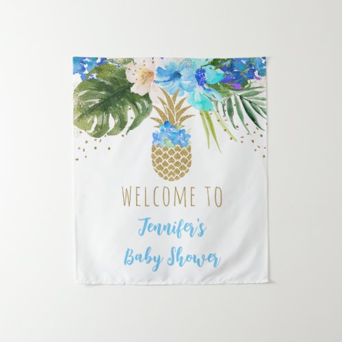 Pineapple Blue Gold Floral Baby Shower Backdrop