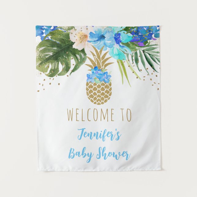 Pineapple Blue Gold Floral Baby Shower Backdrop (Front)