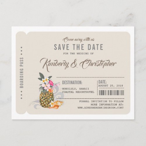 Pineapple Boarding Pass Ticket Save the Date Announcement Postcard