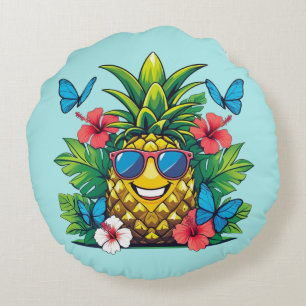 Pineapple Butterfly Hibiscus Vibes Round Pillow