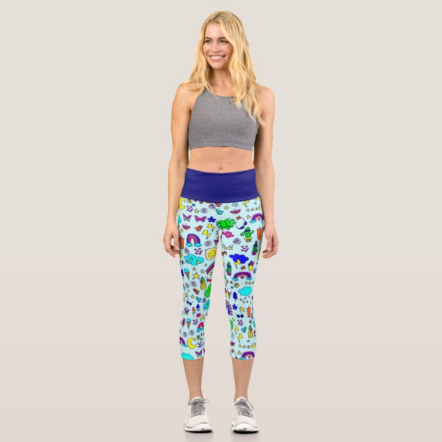 pineapple cactus rainbow monstera doodle capri leggings (Front)