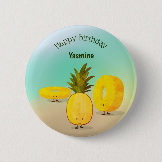 Pineapple Cartoon Happy Birthday Button (Front)