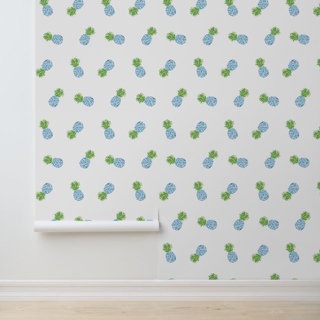 Pineapple Chinoiserie Blue Green Preppy Wallpaper (Application)