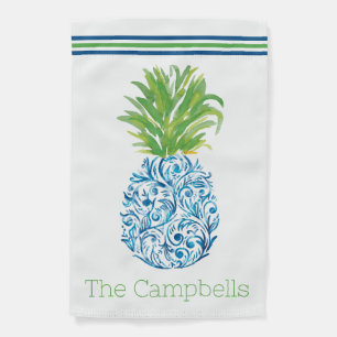 Pineapple Chinoiserie Blue Preppy Striped Name Garden Flag
