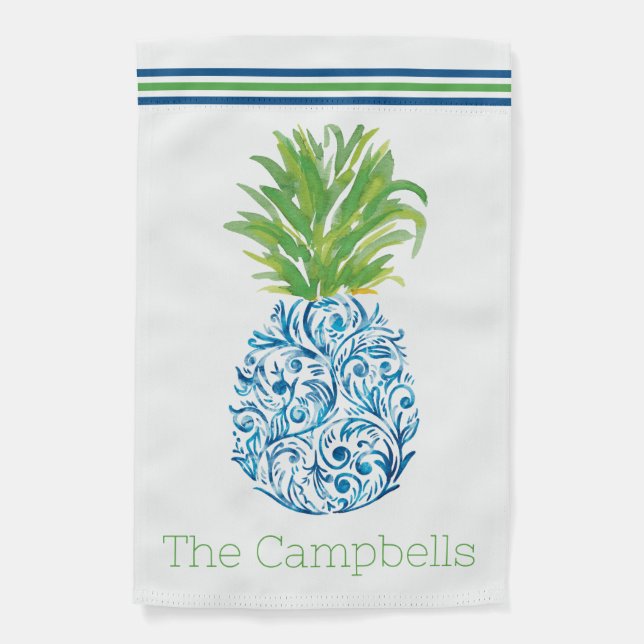 Pineapple Chinoiserie Blue Preppy Striped Name Garden Flag (Front)
