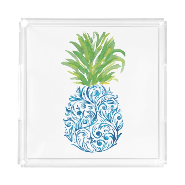 Pineapple Chinoiserie Blue White Preppy Acrylic Tray (Front)