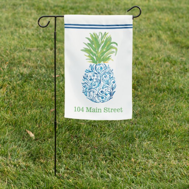Pineapple Chinoiserie Blue White Preppy Address Garden Flag (In SItu)