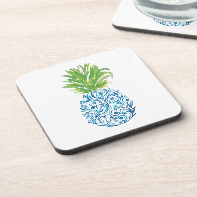 Pineapple Chinoiserie Blue White Preppy Beverage Coaster (Left Side)