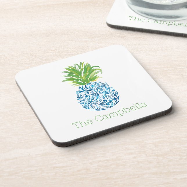 Pineapple Chinoiserie Blue White Preppy Name Beverage Coaster (Left Side)