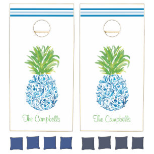 Pineapple Chinoiserie Blue White Preppy Name Cornhole Set