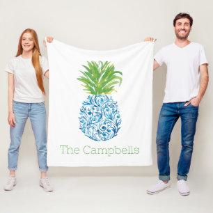 Pineapple Chinoiserie Blue White Preppy Name Fleece Blanket