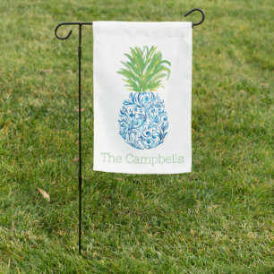 Pineapple Chinoiserie Blue White Preppy Name Garden Flag