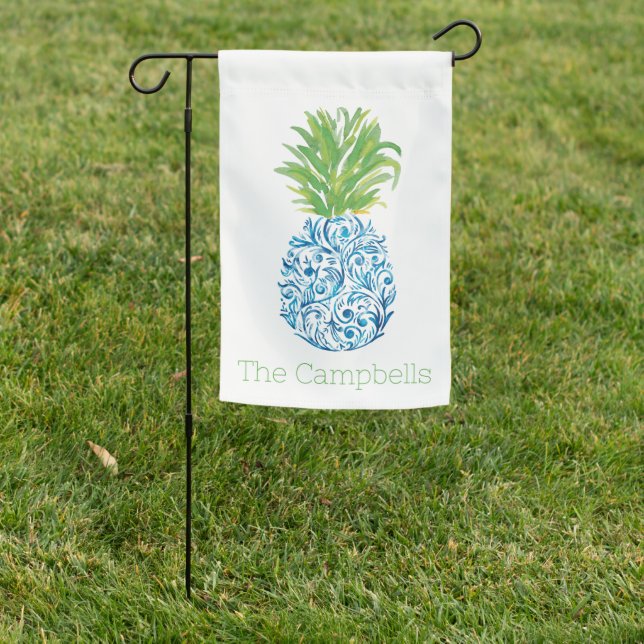 Pineapple Chinoiserie Blue White Preppy Name Garden Flag (In SItu)