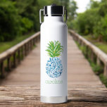 Pineapple Chinoiserie Blue White Preppy Name Water Bottle<br><div class="desc">This water bottle is beautiful with the watercolor blue and white pineapple with green leaves. Personalize with a name for school,  office or give as a gift. This blue and white pineapple pattern can be found on more items in my store,  PageCreativeDesigns.</div>