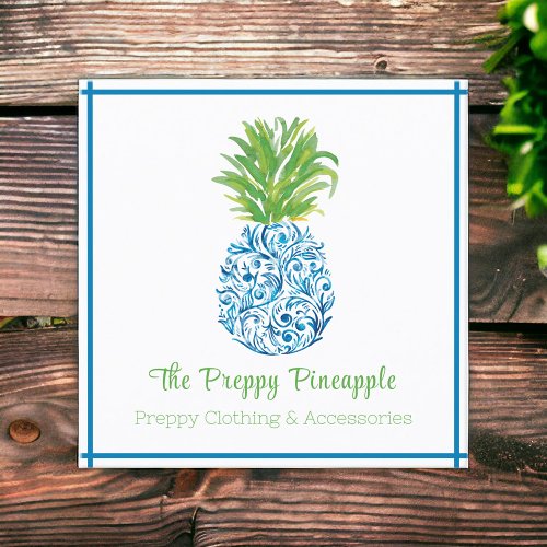 Pineapple Chinoiserie Blue White Preppy Square Business Card