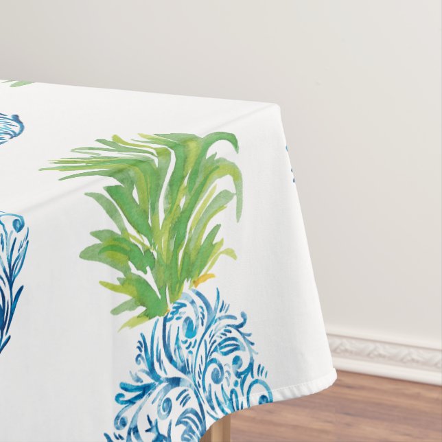 Pineapple Chinoiserie Blue White Preppy Tablecloth (In Situ)