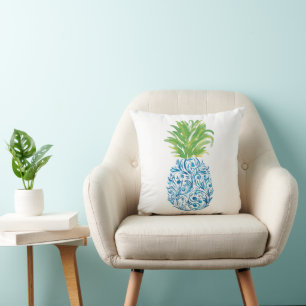 Pineapple Chinoiserie Blue White Preppy Throw Pillow