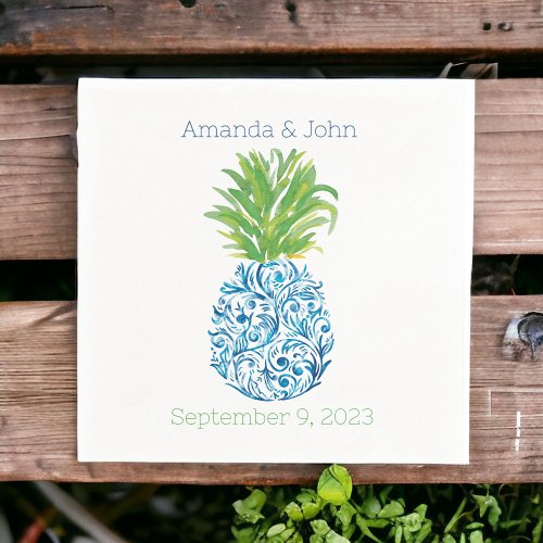 Pineapple Chinoiserie Blue White Preppy Wedding Napkins