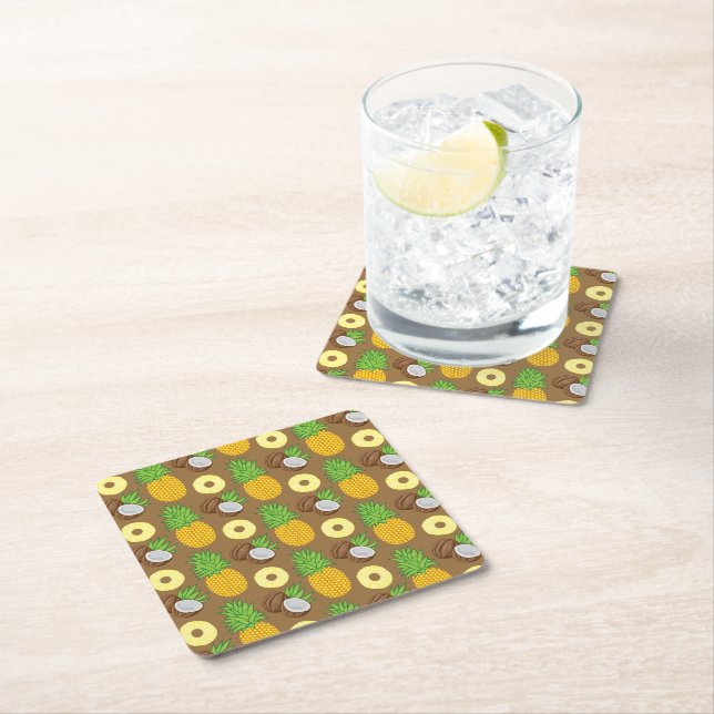 "Pineapple Coconut Bliss" Pattern Square Paper Coaster (Insitu)