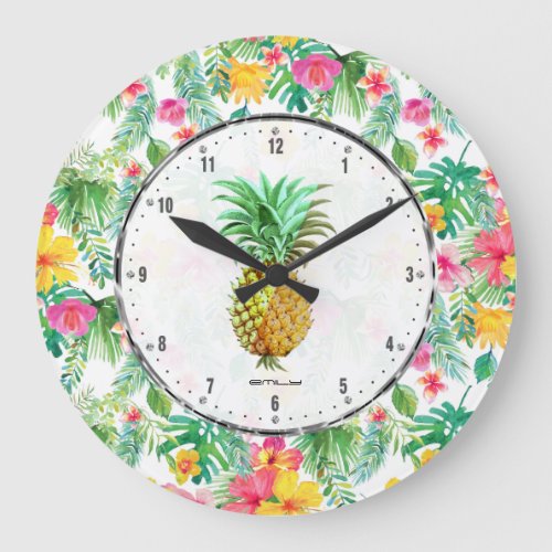 PineApple   Colorful Tropical Flowers Pattern Large Clock