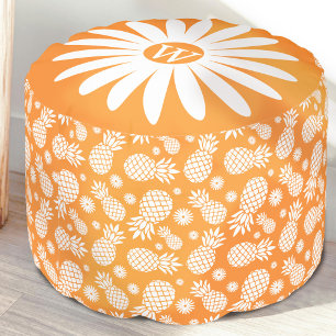 Pineapple & daisy flower orange white round pouf