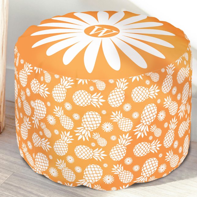 Pineapple & daisy flower orange white round pouf (Creator Uploaded)