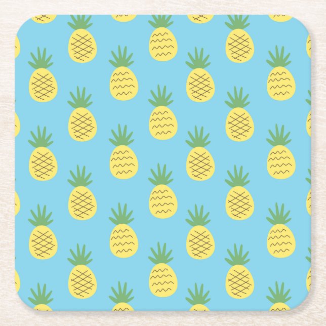 Pineapple Delight: Tropical Fruit Print Square Paper Coaster (Front)