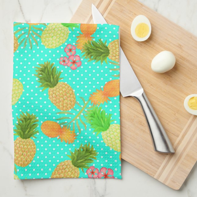 Pineapple Dots Teal Kitchen Towel (Quarter Fold)