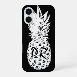 Pineapple drawing black and white custom monogram iPhone 16 case