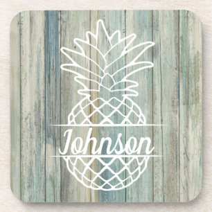 Pineapple Family Name on Rustic Wood Coastal Beach Beverage Coaster