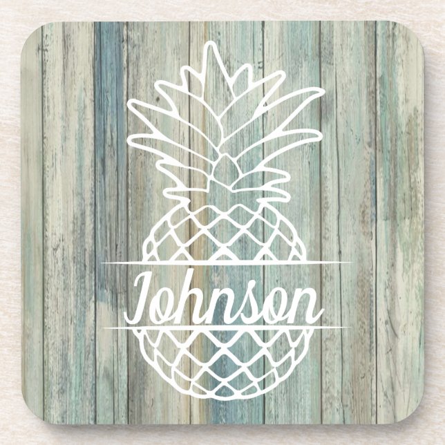Pineapple Family Name on Rustic Wood Coastal Beach Beverage Coaster (Front)
