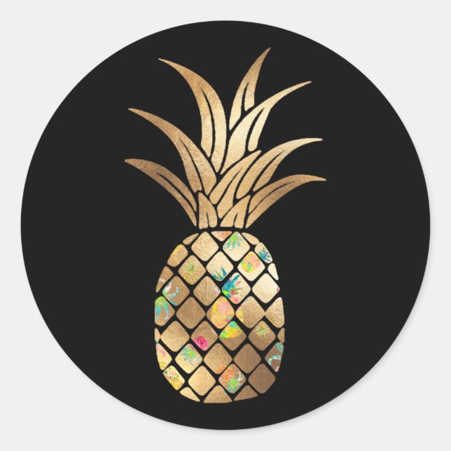 Pineapple, Faux Gold+Collage Classic Round Sticker (Front)