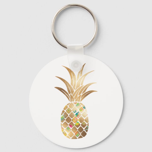 Pineapple, Faux Gold+Collage Keychain (Front)