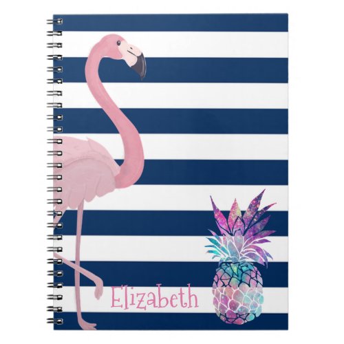 Pineapple Flamingo Navy Blue Stripes_Personalized Notebook
