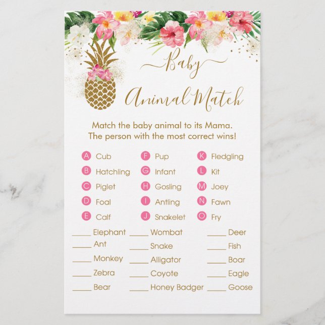 Pineapple Floral Baby Shower Animal Match Game (Front)
