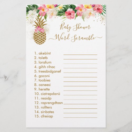 Pineapple Floral Baby Shower Word Scramble Game