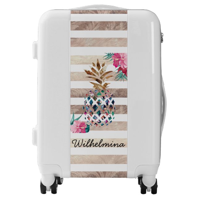 Pineapple floral gold striped luggage (Front)