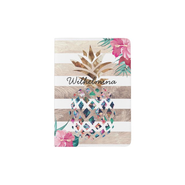 Pineapple floral gold striped passport holder (Front)