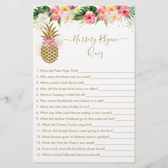 Pineapple Floral Nursery Rhyme Shower Game (Front)