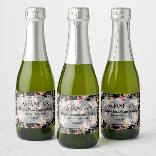 Pineapple Floral on Black Bridal Shower Mini Sparkling Wine Label