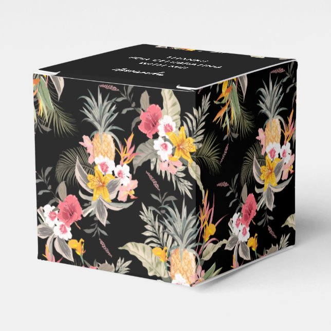 Pineapple Floral on Black Square Favor Boxes (Front Side)
