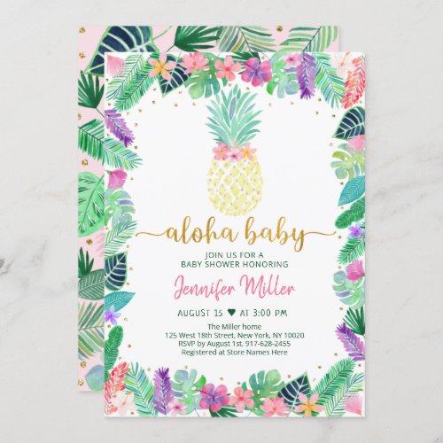 Pineapple Floral Pink Gold Baby Shower Invitation