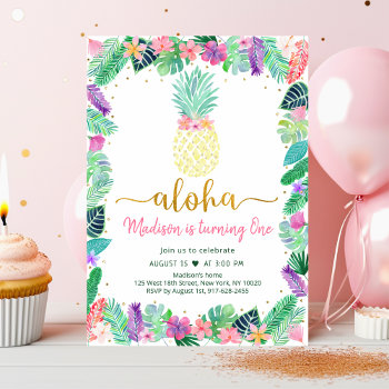 Pineapple Floral Pink Gold Birthday Invitation by LittlePrintsParties at Zazzle