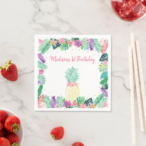 Pineapple Floral Pink Gold Birthday Napkins