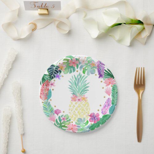 Pineapple Floral Pink Gold Birthday Paper Plates