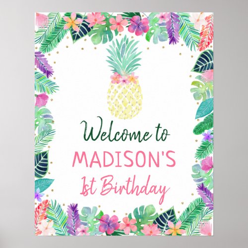 Pineapple Floral Pink Gold Birthday Welcome Poster