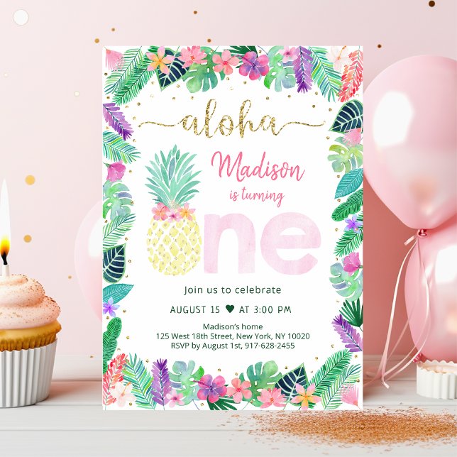 Pineapple Floral Pink Gold First Birthday Invitation (Creator Uploaded)