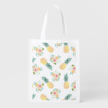 Pineapple Floral Print Grocery Bag by KaleenaRae at Zazzle